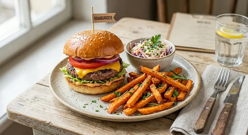 Hamburger - sült édesburgonya és coleslaw