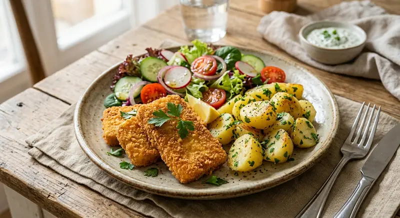 Bundázott tofu petrezselymes burgonyával és salátával
