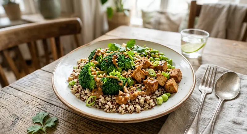 Brokkolis quinoa tofu bowl mogyorós szója szósszal