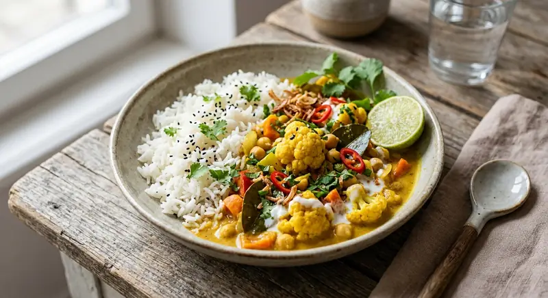 Kókuszos curry-s karfiolragú jázminrizzsel